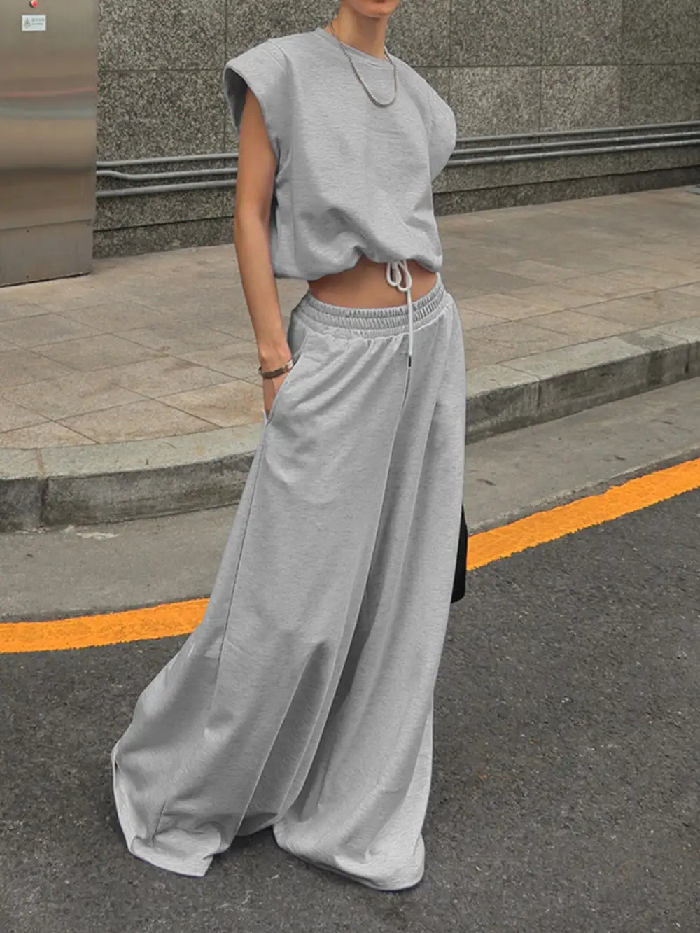 Round Neck Top And Wide Leg Pants Set
