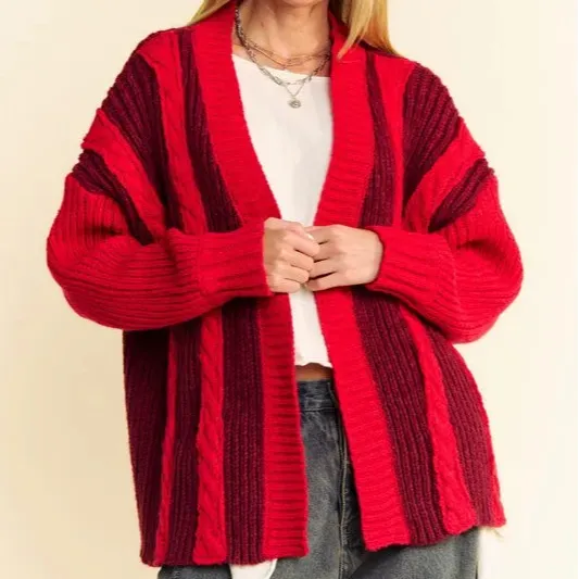 Color Block Open Front Cable Knit Ribbed Knit Cardigan