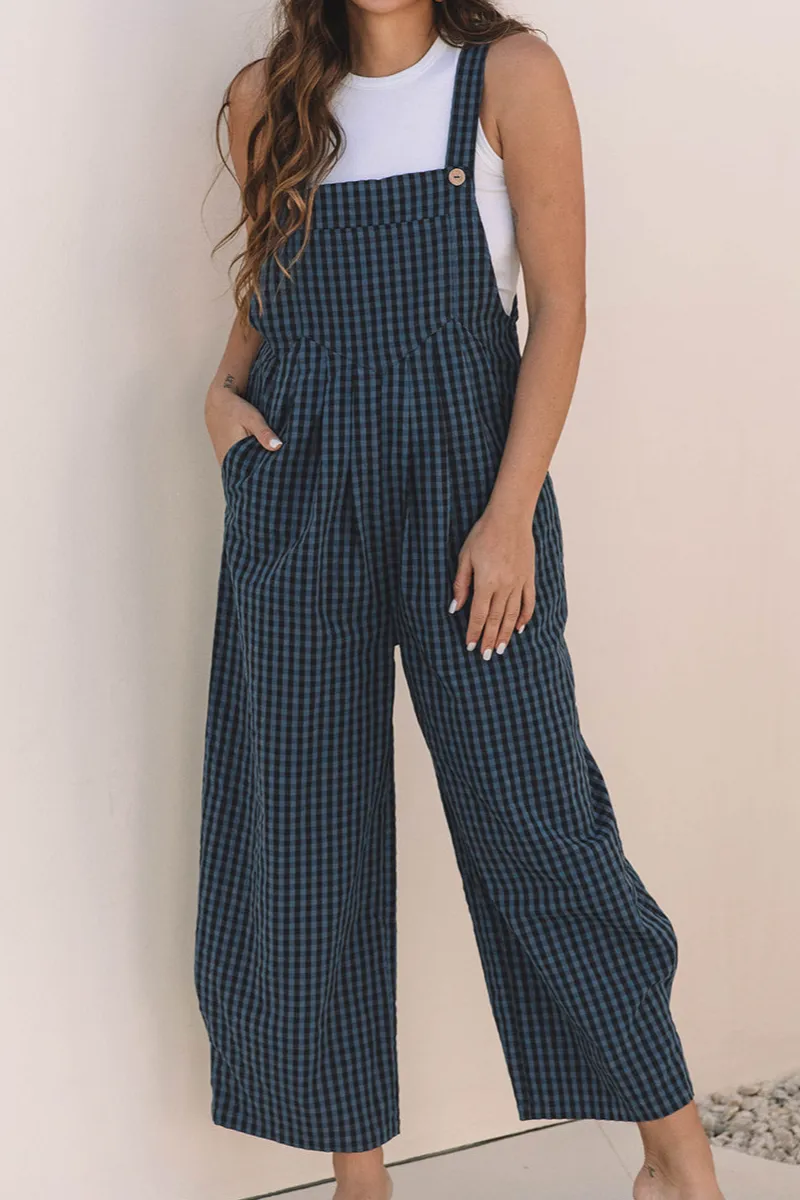 Plaid Print Buttoned Pocketed High Waist Overall