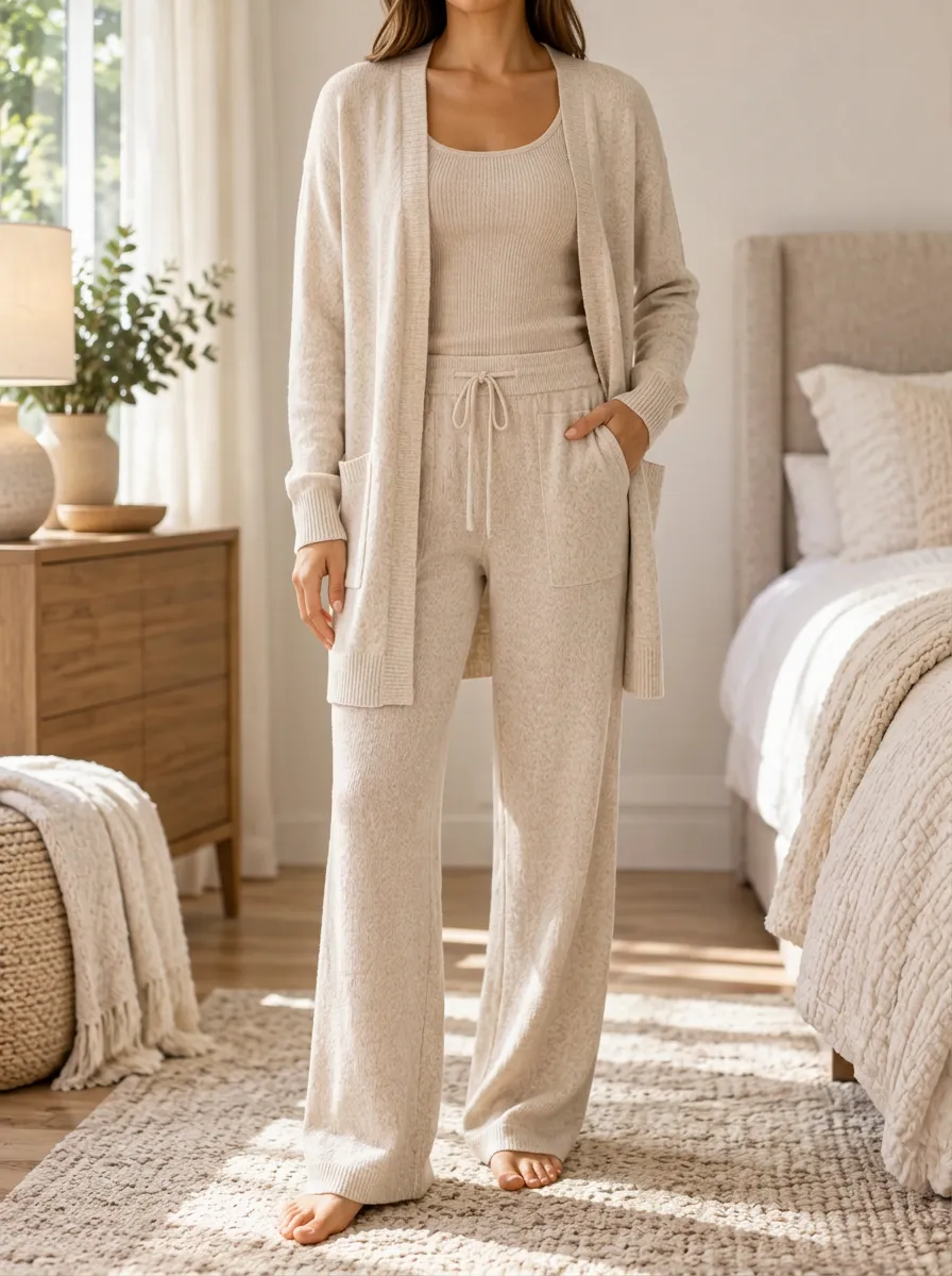 Women's Coordinated Knit Cardigan And Pants With Tank Top Three Piece Outfit