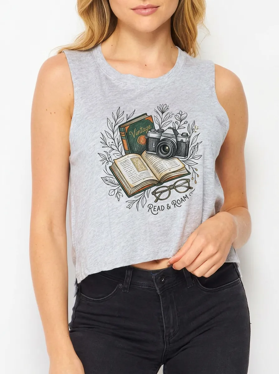 Women's Book Reader Camera Graphic Muscle Tank Top