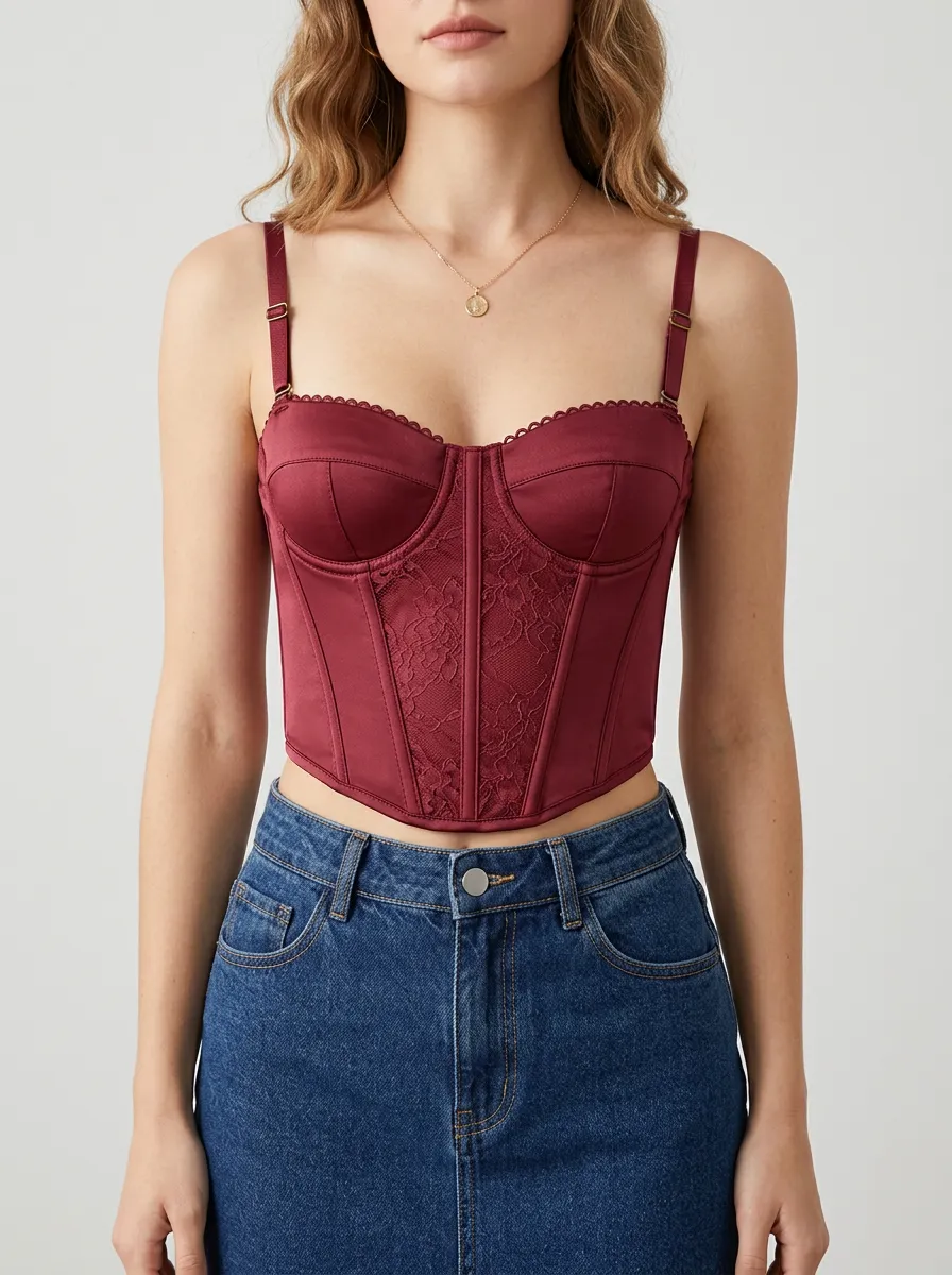 Satin-Style Sheer-Panel Boned Women's Corset Top