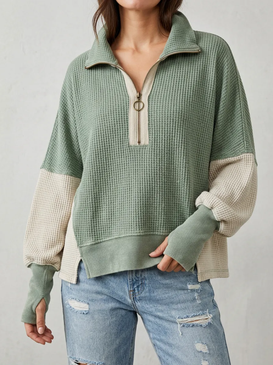 Modern Weekend Colorblock Waffle Knit Quarter Zip Pullover Top