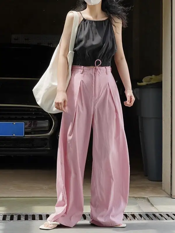 Women's High Waist Wide Leg Drawstring Pleated Pants