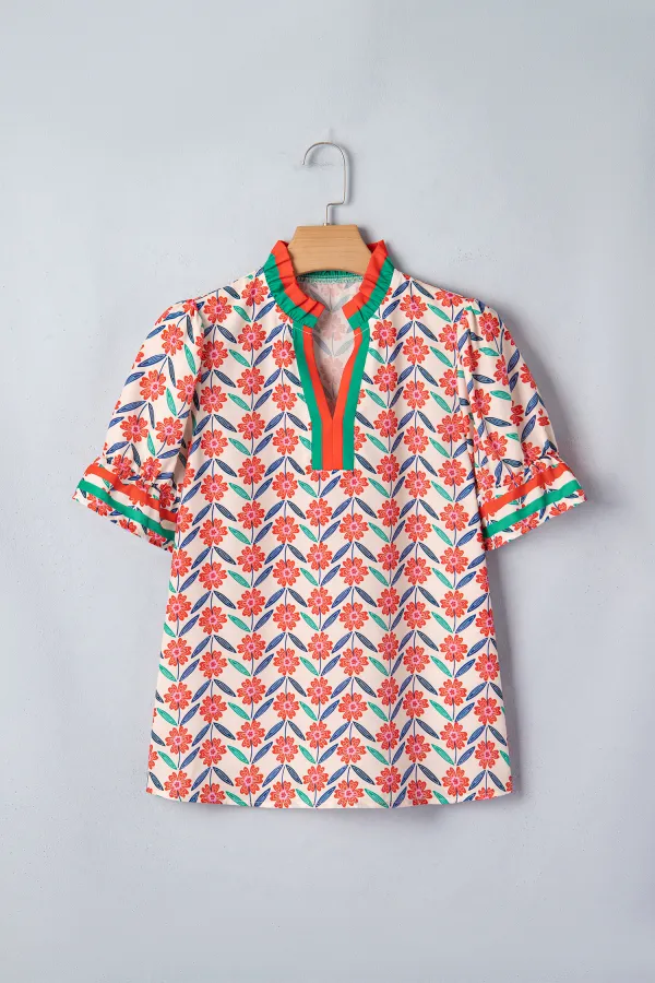 Red Floral Print Striped Detail Blouse
