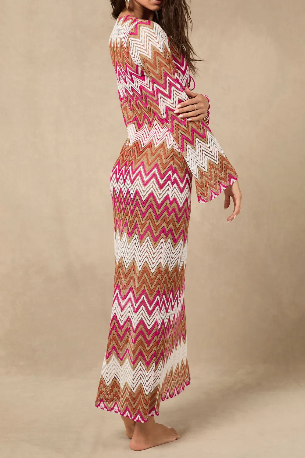Pink and Tan Multi Chevron Maxi Swim Cover-Up