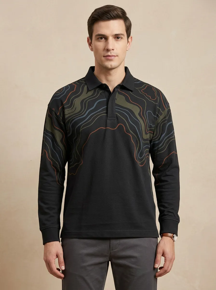 Men's Outdoor Adventure Topographic Map Printed Long Sleeve Polo Shirt