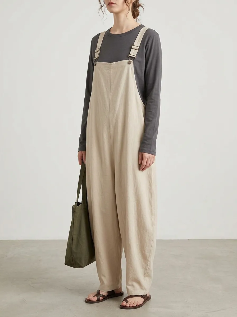 Women's Minimal Buckle-Strap Straight-Leg Overall Jumpsuit
