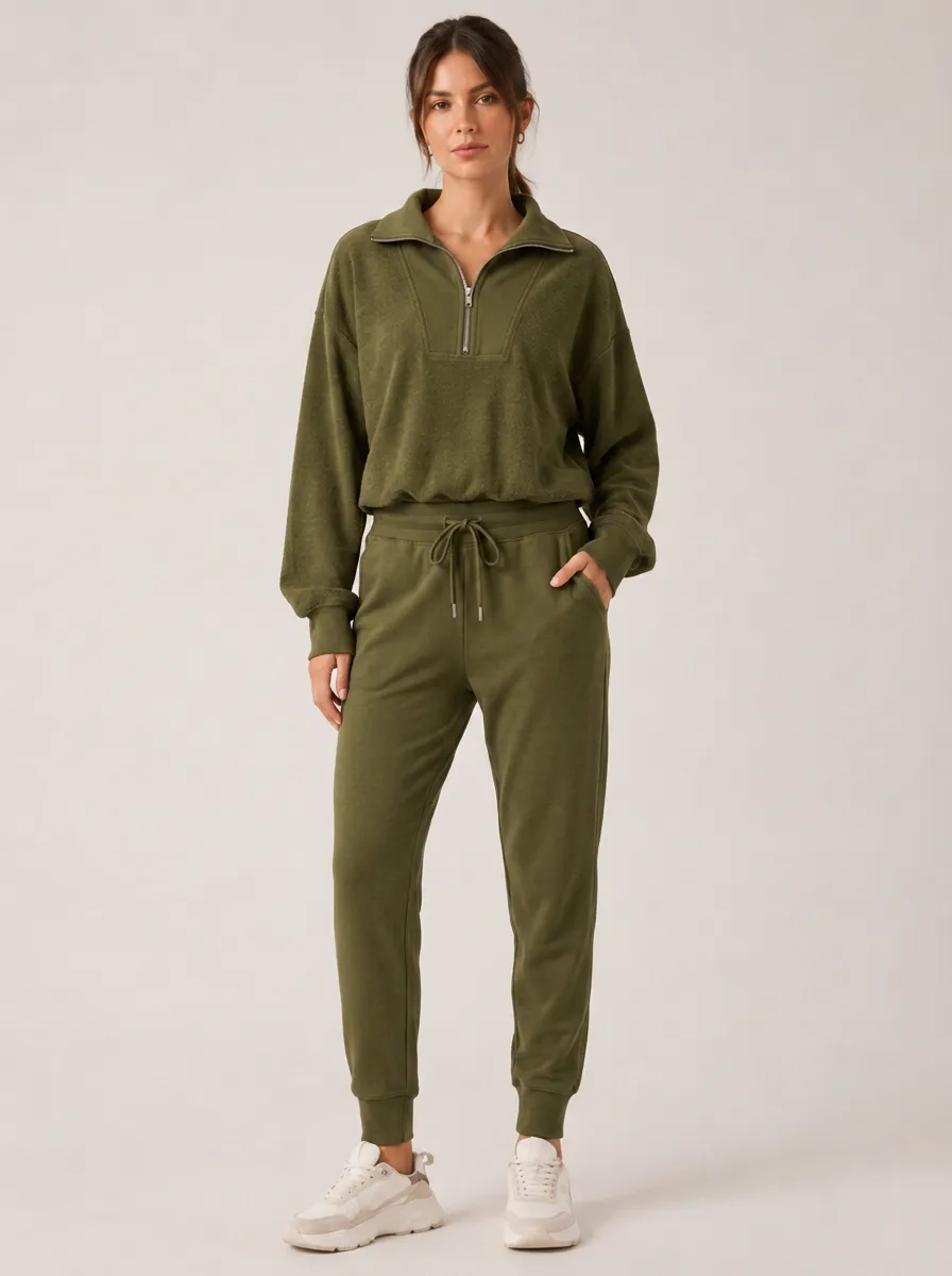 Women's Olive Green Quarter Zip Pullover Jogger Set
