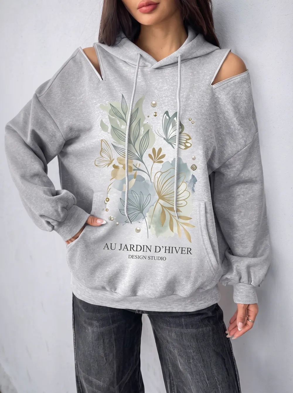 Women's Floral Butterfly Botanical Printed Cold Shoulder Hoodie