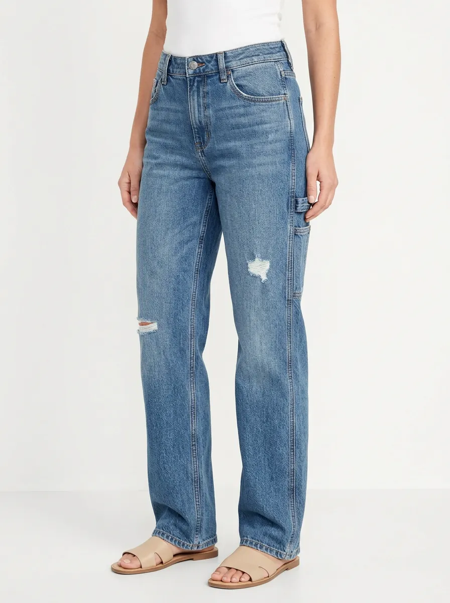 Women's Utility-Pocket Thigh-Distressed Mid-Rise Straight-Leg Jeans