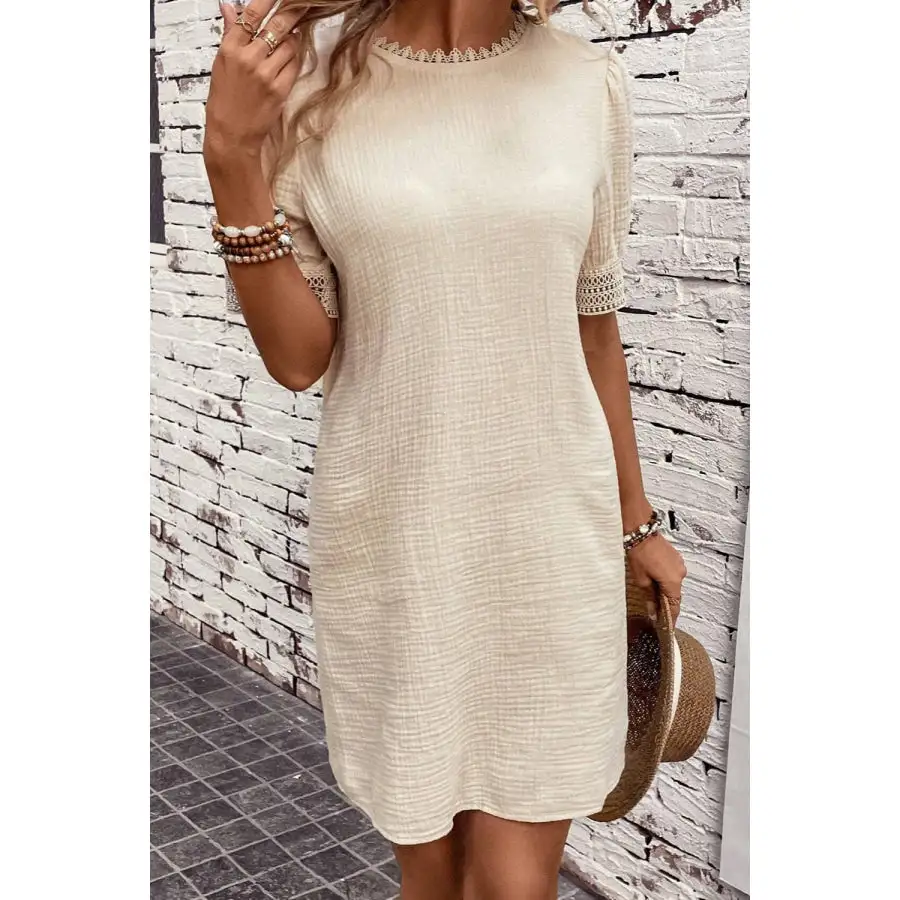 Lace Detail Round Neck Short Sleeve Mini Dress
