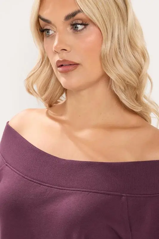 Burgundy Red Ribbed Off Shoulder Sweatshirt