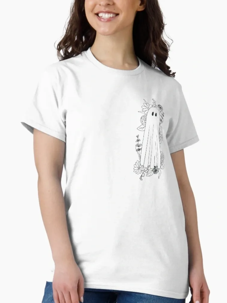 Women's Whimsical Floral Ghost Print Crew Neck Short-Sleeve T-Shirt