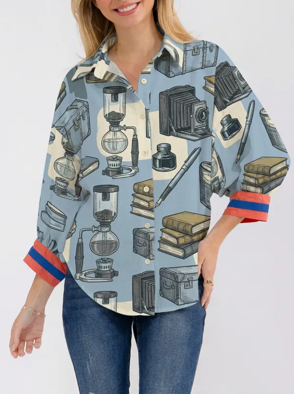 Women's Vintage Stationery Coffee Lover Printed Button-up Shirt