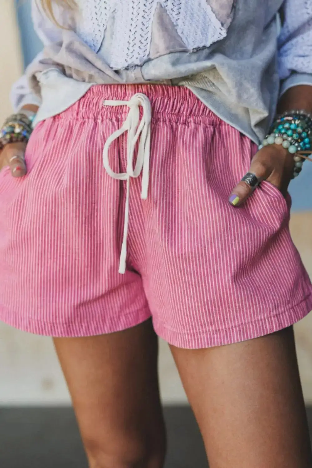 Sequin Striped Drawstring Elastic Waist Shorts