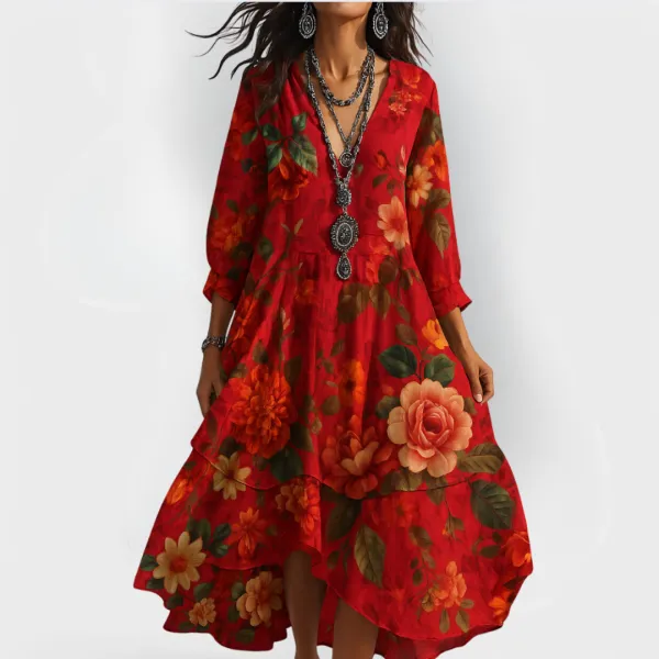  Floral Boho V Neck Dress