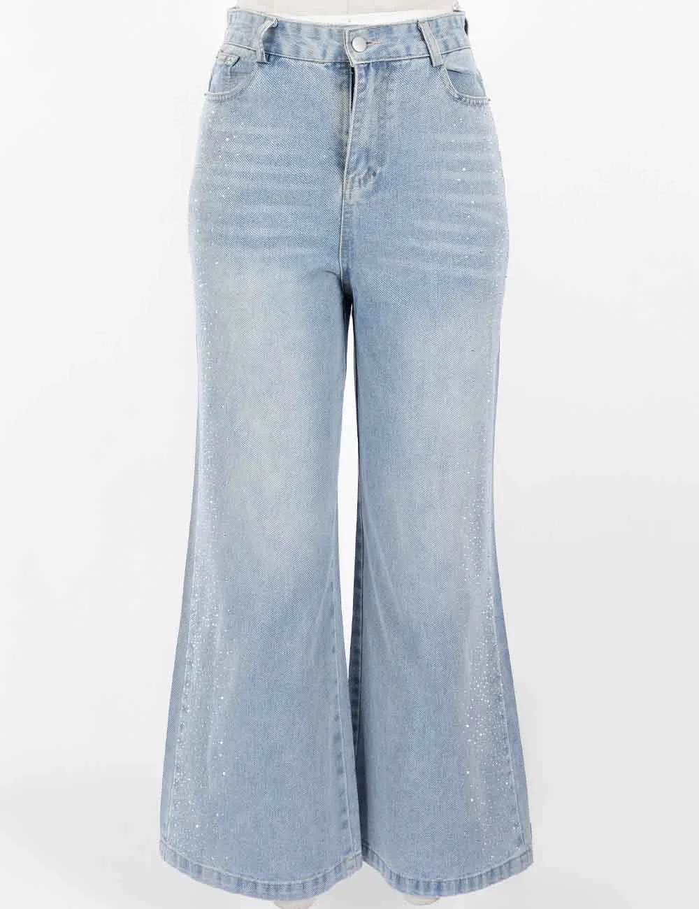 Chic Detachable Bow Rhinestone Wide Leg Denim Pants