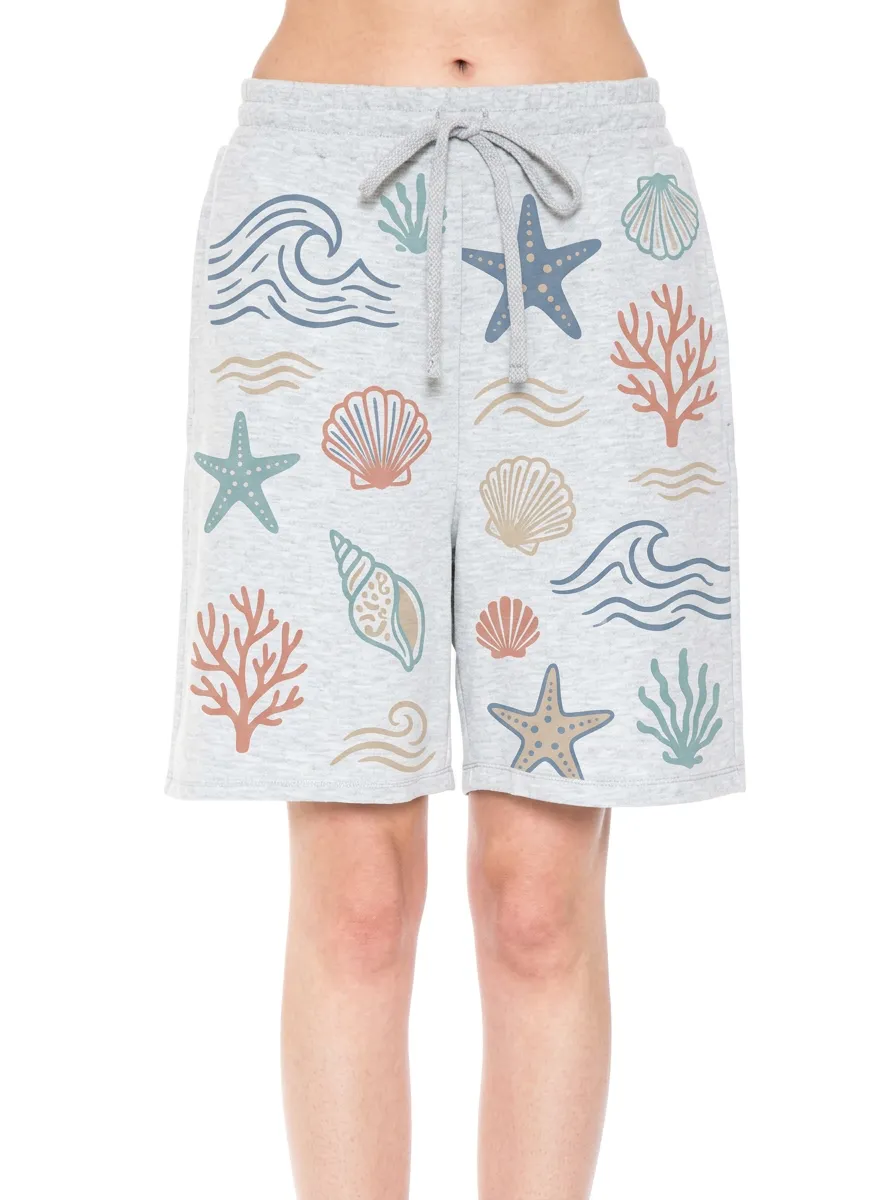 Women's Marina Coastal Starfish Seashell Coral Printed Shorts