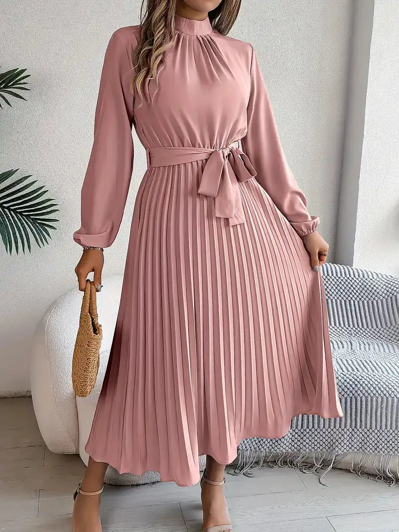  Long Sleeve Pleated Midi Dress