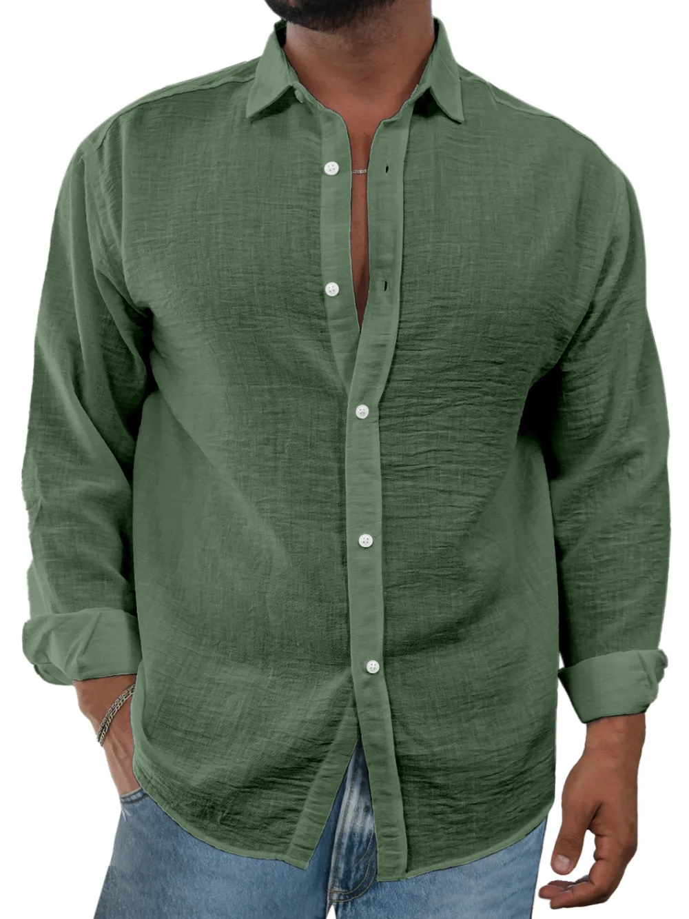 Linen Blend Open Collar Shirt