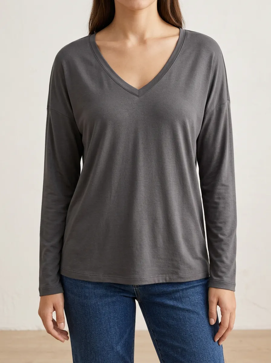 Women's Long Sleeve Tee with V Neck Cotton Feel Detail