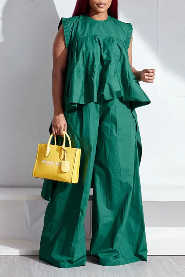Green Wide-Leg High-Low Pant Set