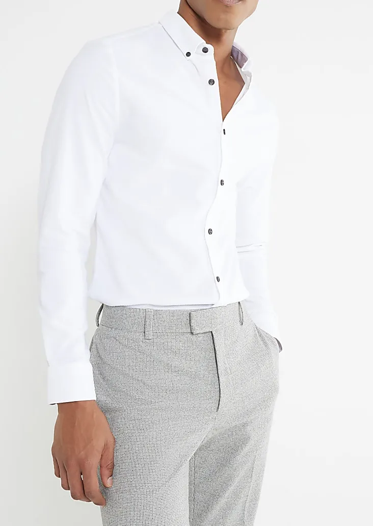 Men's White Long Sleeve Textured Slim Fit Shirt