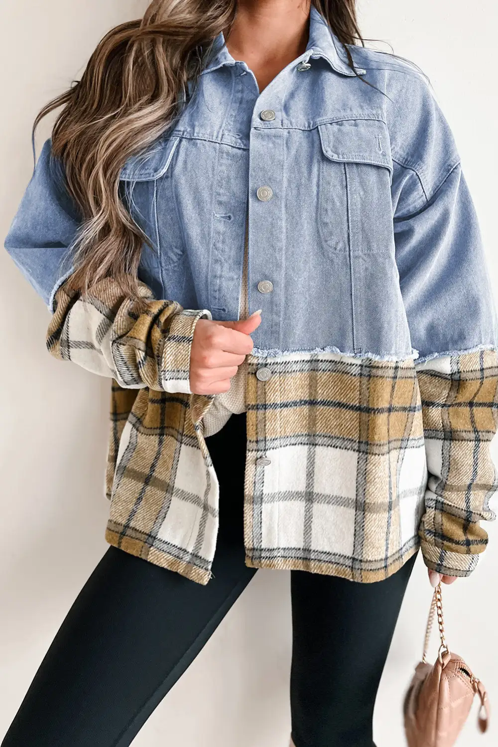 Women's Plaid Patchwork Buttoned Oversized Denim Jacket
