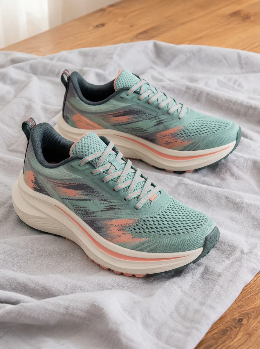 Women's Teal Peach Abstract Brushstroke Printed Running Shoes