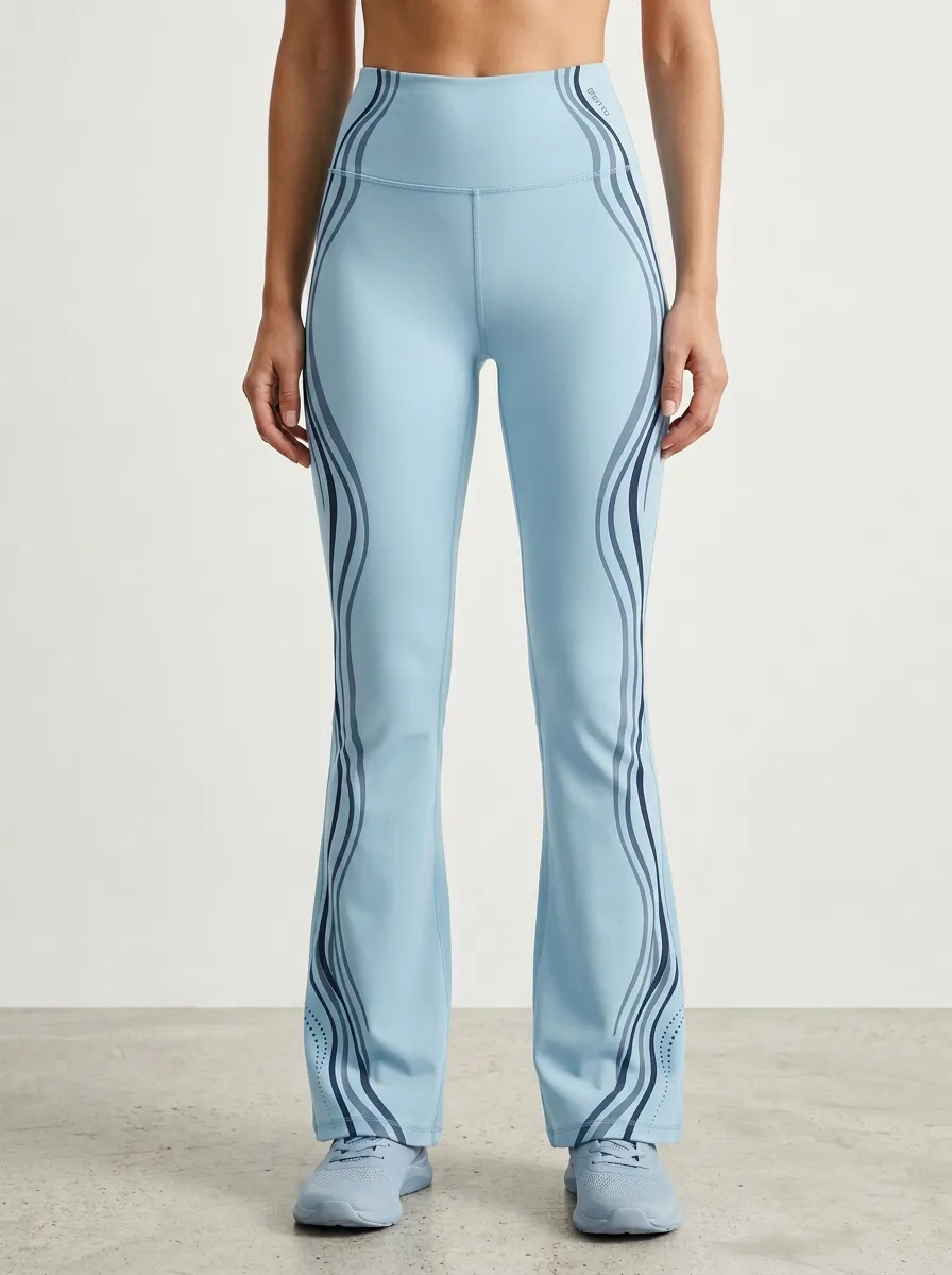 Women’s Mid-Rise Yoga Blue Wavy Line Printed Mini Flare Yoga Pants