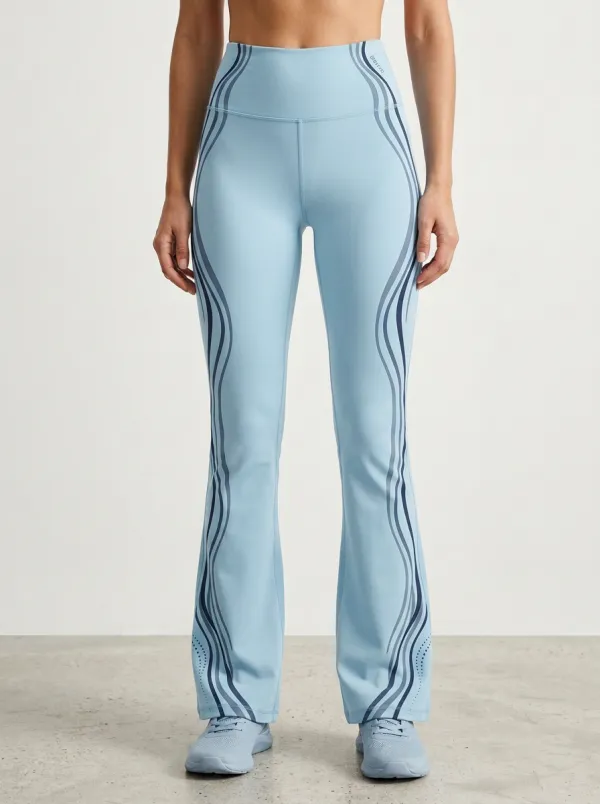 Women’s Mid-Rise Yoga Blue Wavy Line Printed Mini Flare Yoga Pants