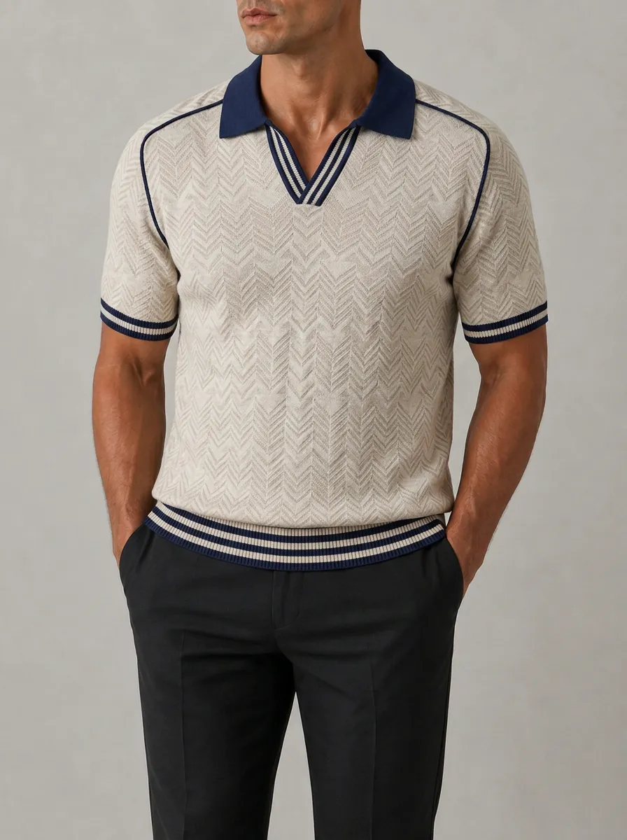 Men's Vintage Style Chevron Pattern Knitted Polo Shirt