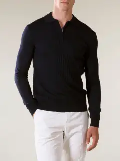 Polo Shirt Featuring Extrafine Merino Merino Wool Zip Front Ribbed Slim Fit