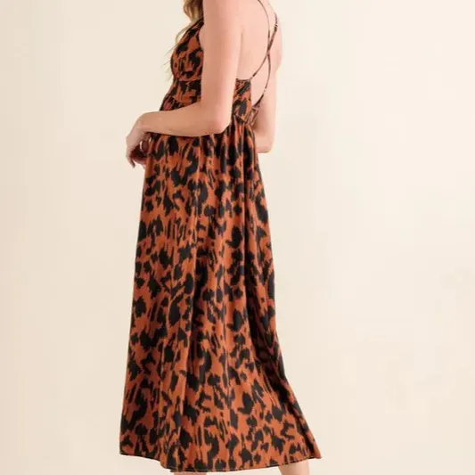 Leopard Print Plunge Maxi Dress