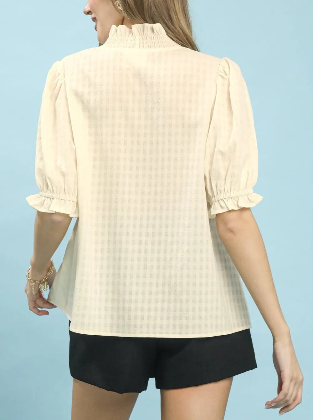 Textured Check Ruffle Detail V-Neck Pocket Blouse