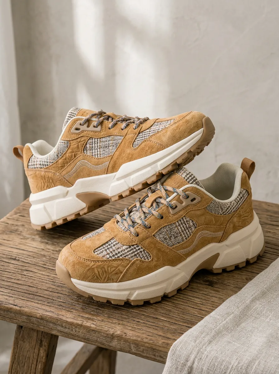 Women's Casual Fashion Plaid Suede Patchwork Printed Sneakers