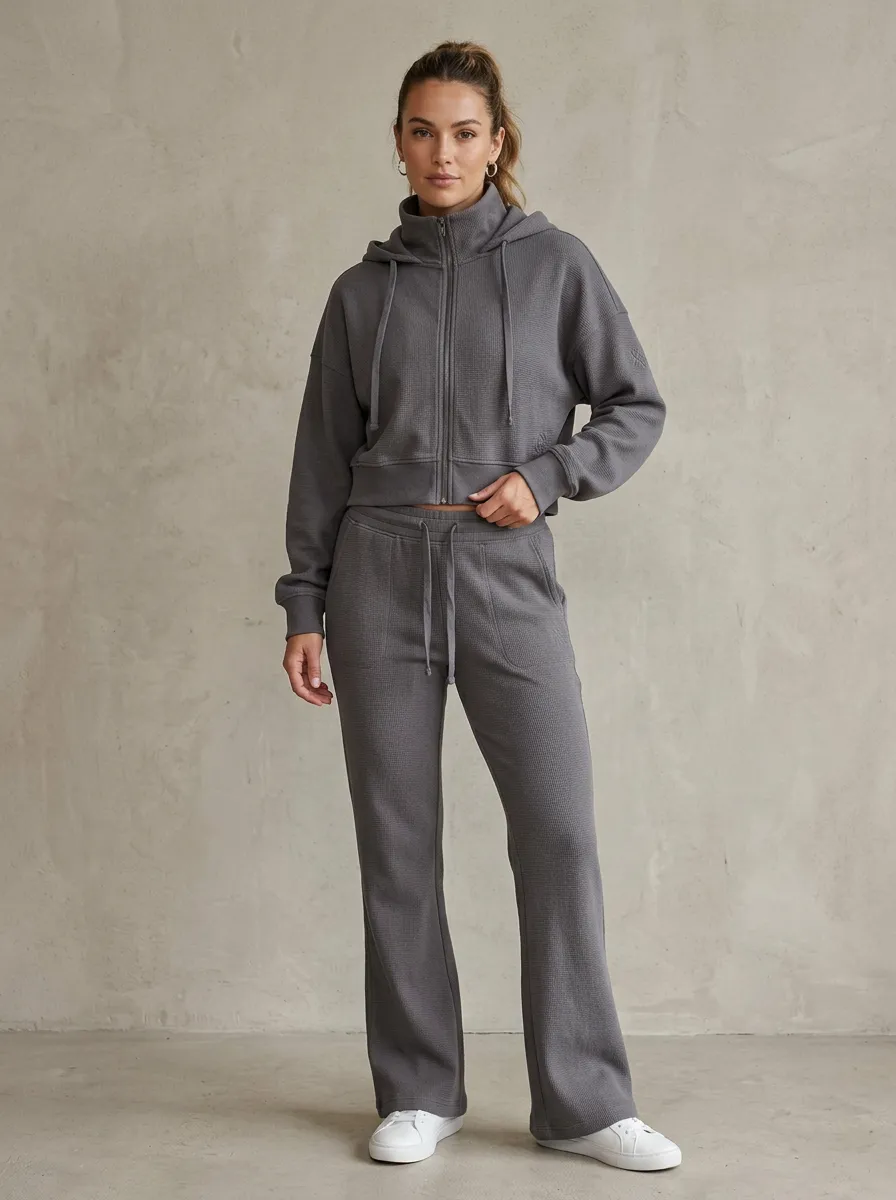 Women's Classic Waffle Knit Sport Inspired Cropped Hooded Jacket and Flare Pants Active Set