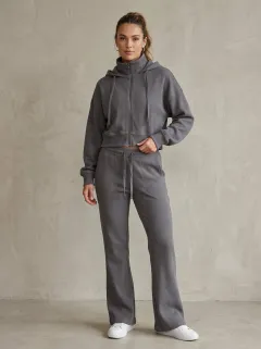 Women's Classic Waffle Knit Sport Inspired Cropped Hooded Jacket and Flare Pants Active Set