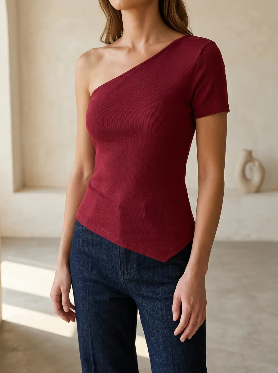 Women's Burgundy Ribbed One-Shoulder Asymmetric Hem Top