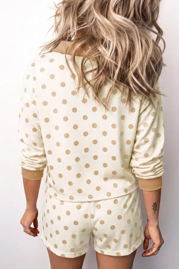 Women's Polka Dot Drop Shoulder Polo Loose Pullover Patch Pocket Casual Shorts Set