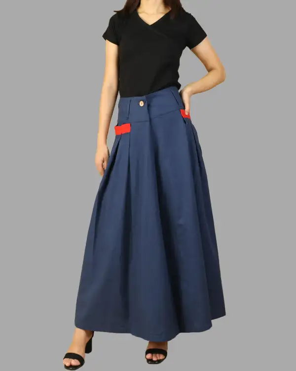 Pleated Linen A Line Maxi Skirt