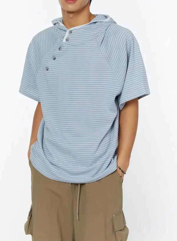 Men's Striped Asymmetric Button Hooded T-Shirt