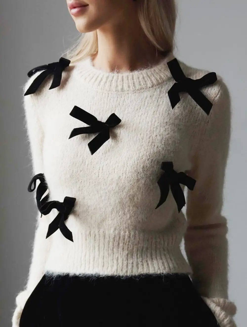 Plush Pullover Knit Top with Bow Sweater