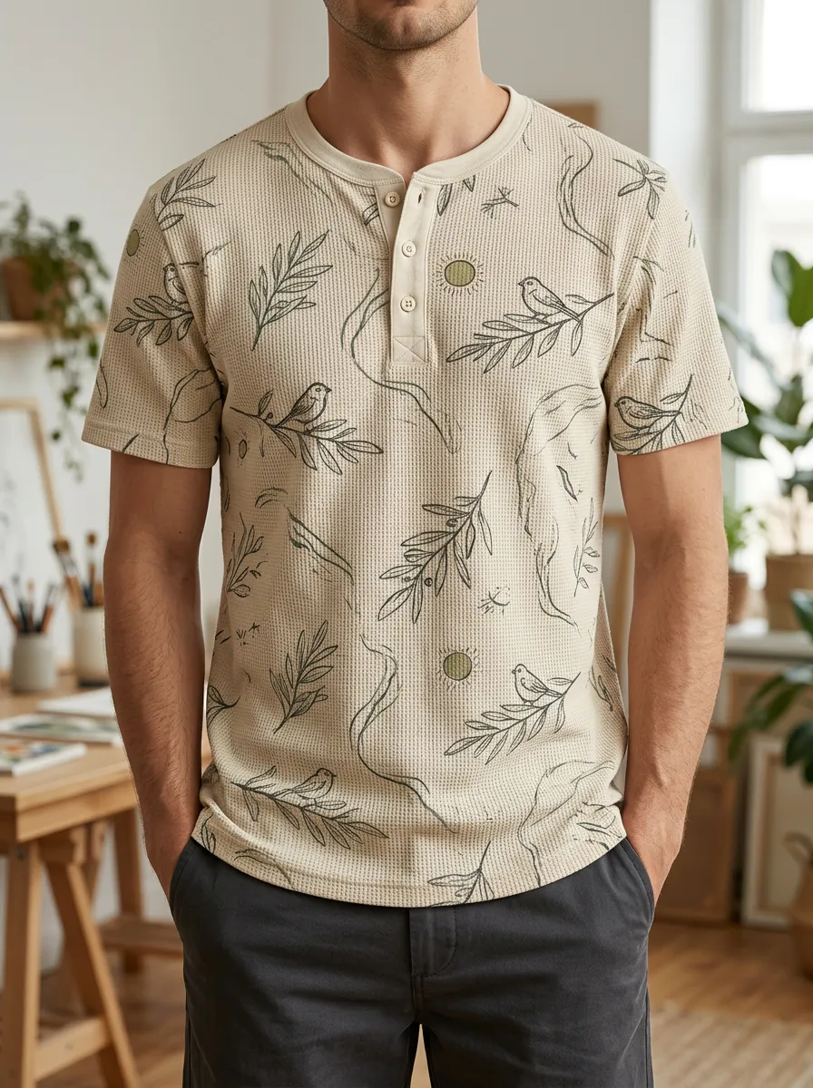 Men's Everyday Nature Lover Bird and Leaf Scenery Henley T-Shirt