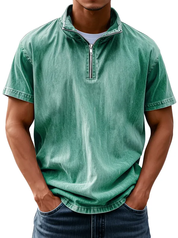Short Sleeve Stand Collar Zip Front Shirt