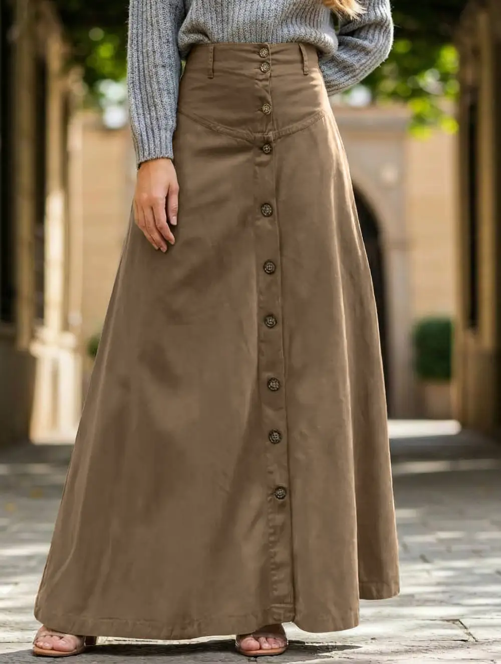 Button Front Slit A-Line Midi Skirt