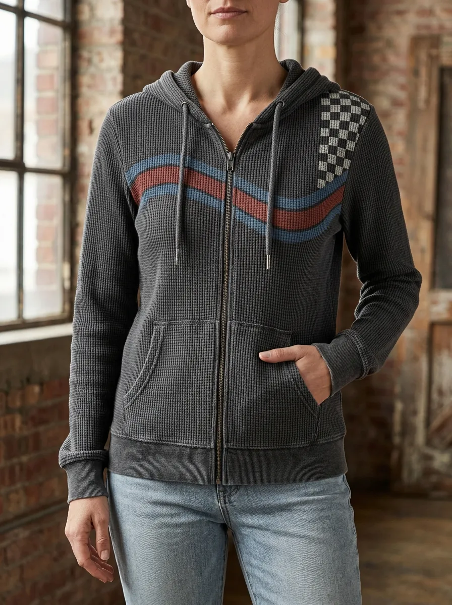 Women's Waffle Knit Checkered Stripe Printed Zip Hoodie