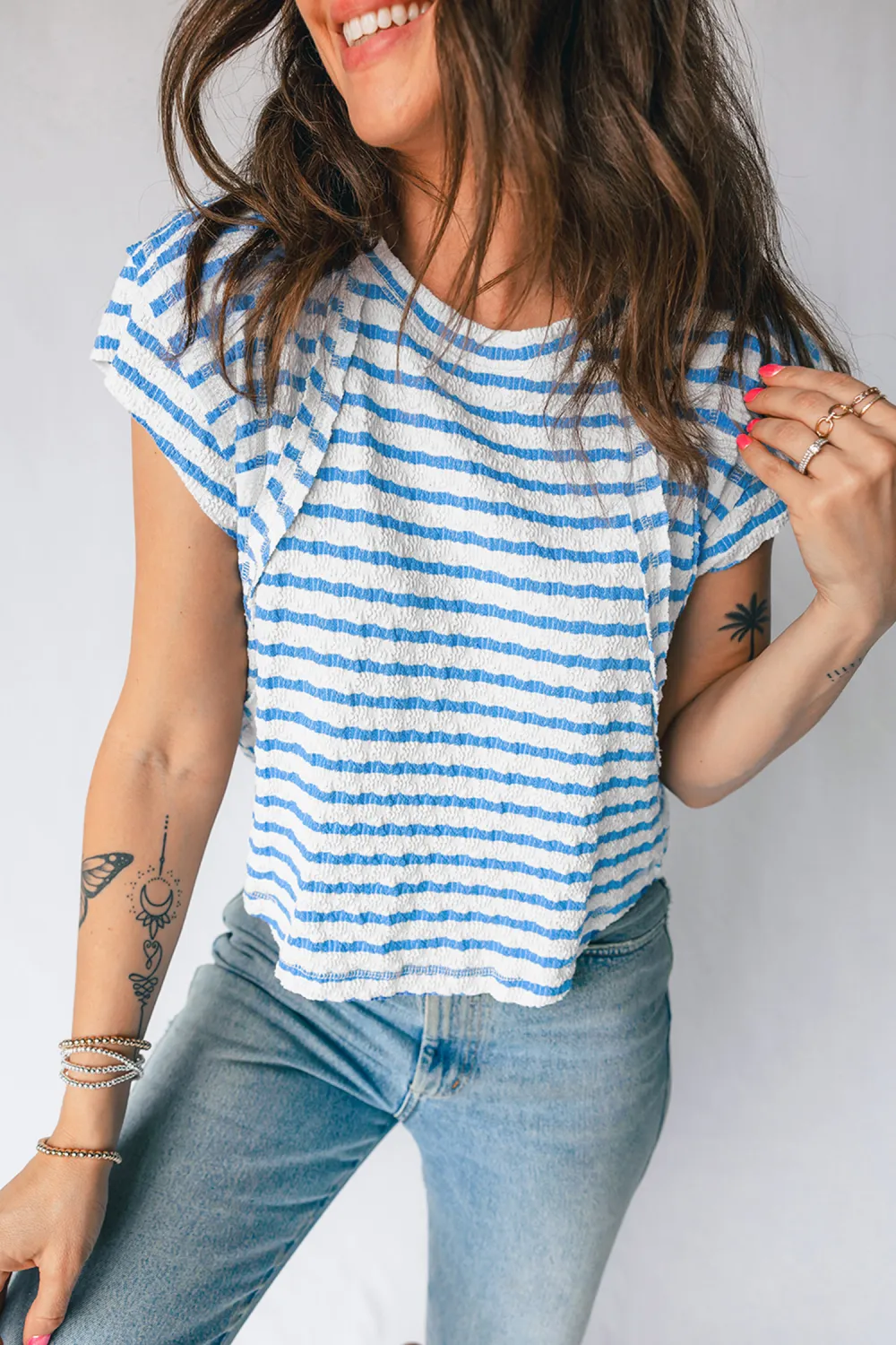 Blue Stripe Textured Short Sleeve Tee