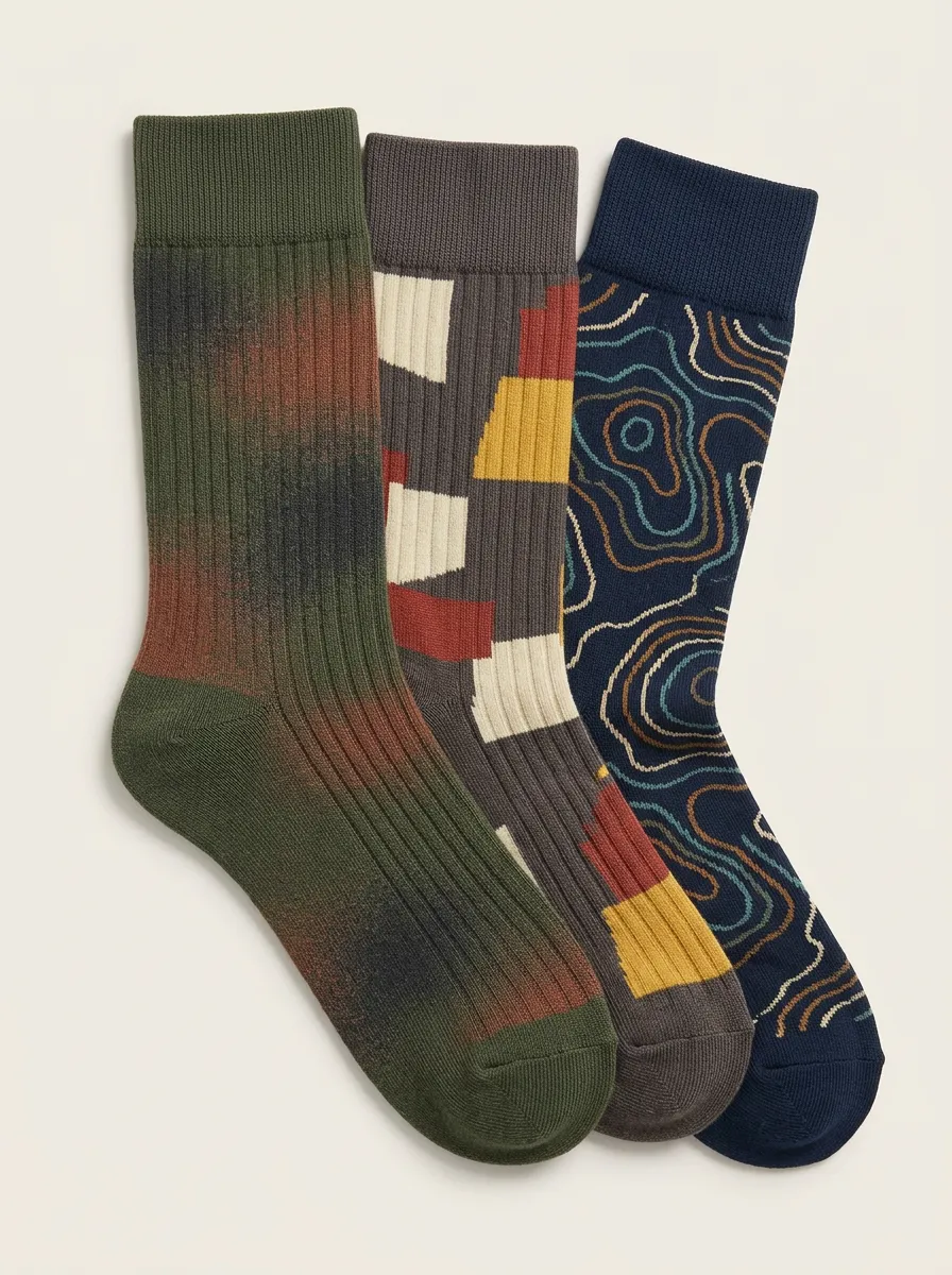 Men's Abstract Geometric Topographic Printed Three Pack Socks Contemporary Design